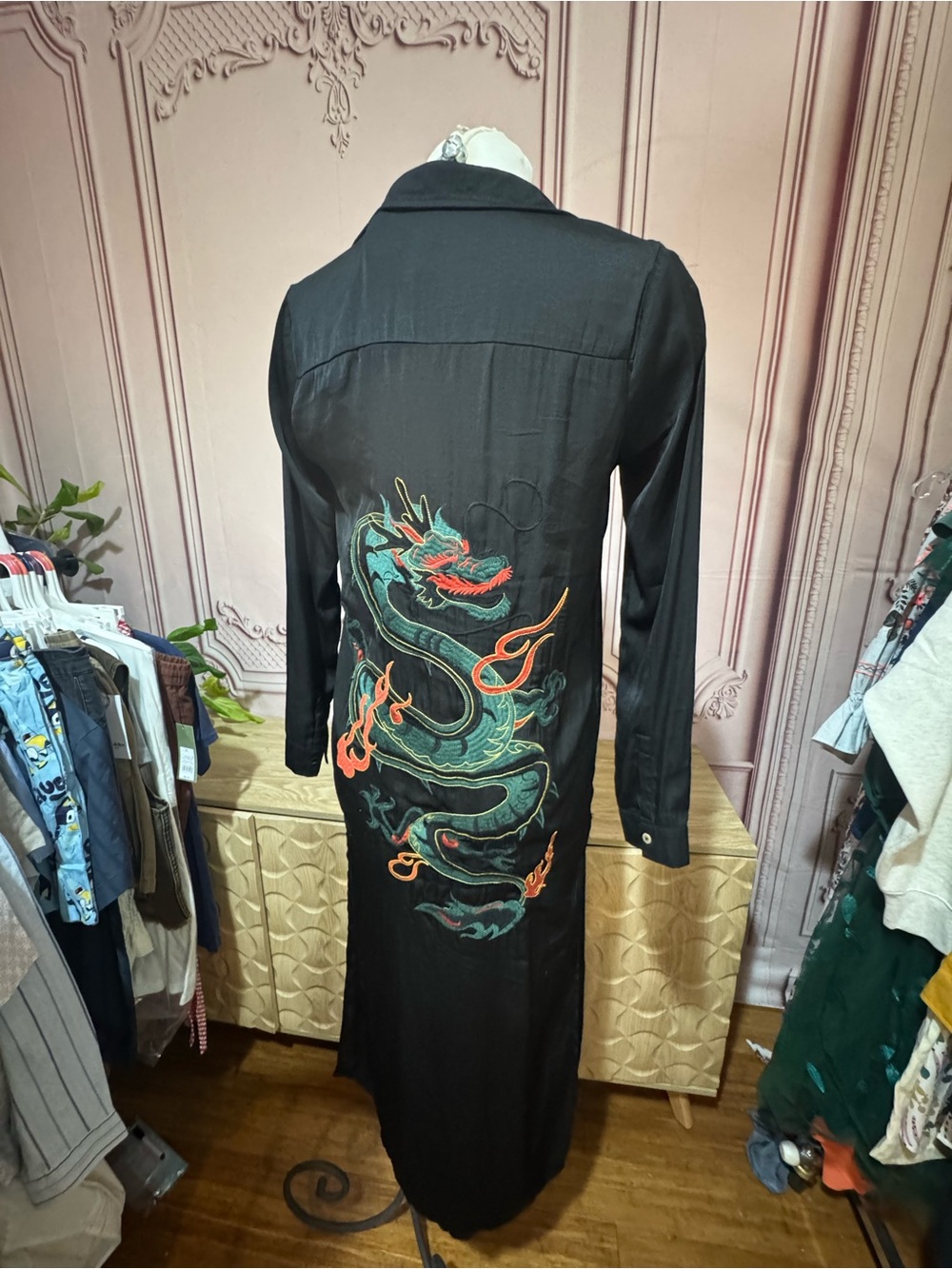 Rare Honey Punch Woman Small Japanese Style Dress Open Sides Embroidered Dragon